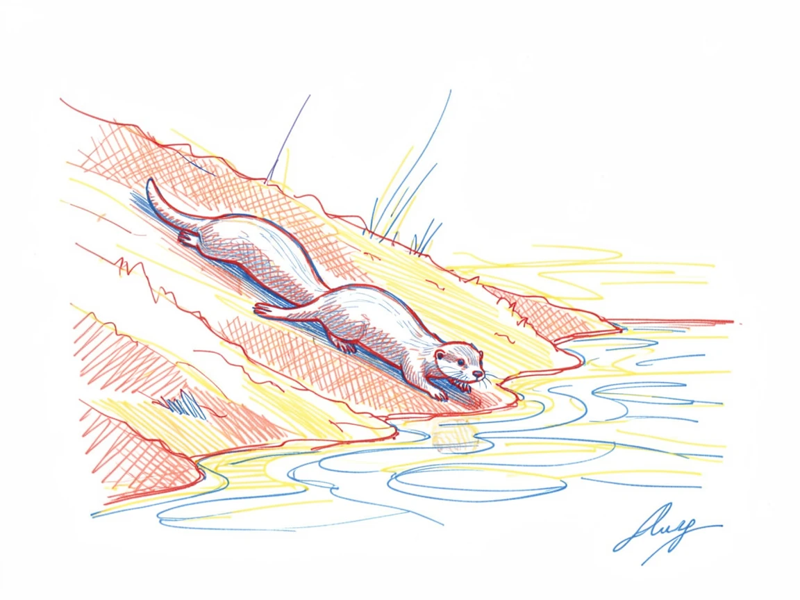 A pair of otters sliding down a muddy riverbank into the water