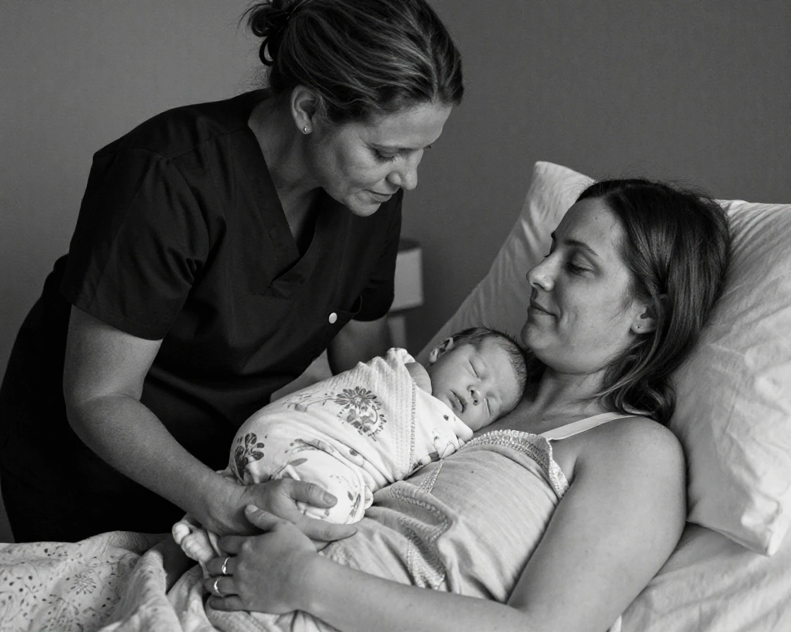 A midwife cradles a newborn moments after birth beside a relieved new mother.