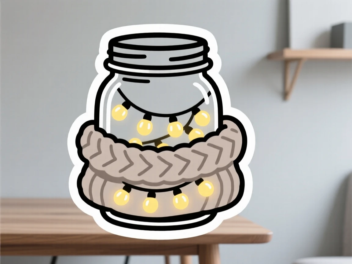 A sweetly detailed mason jar filled with fairy lights, wrapped in a soft knitted throw, in a minimalist Scandinavian-style room.