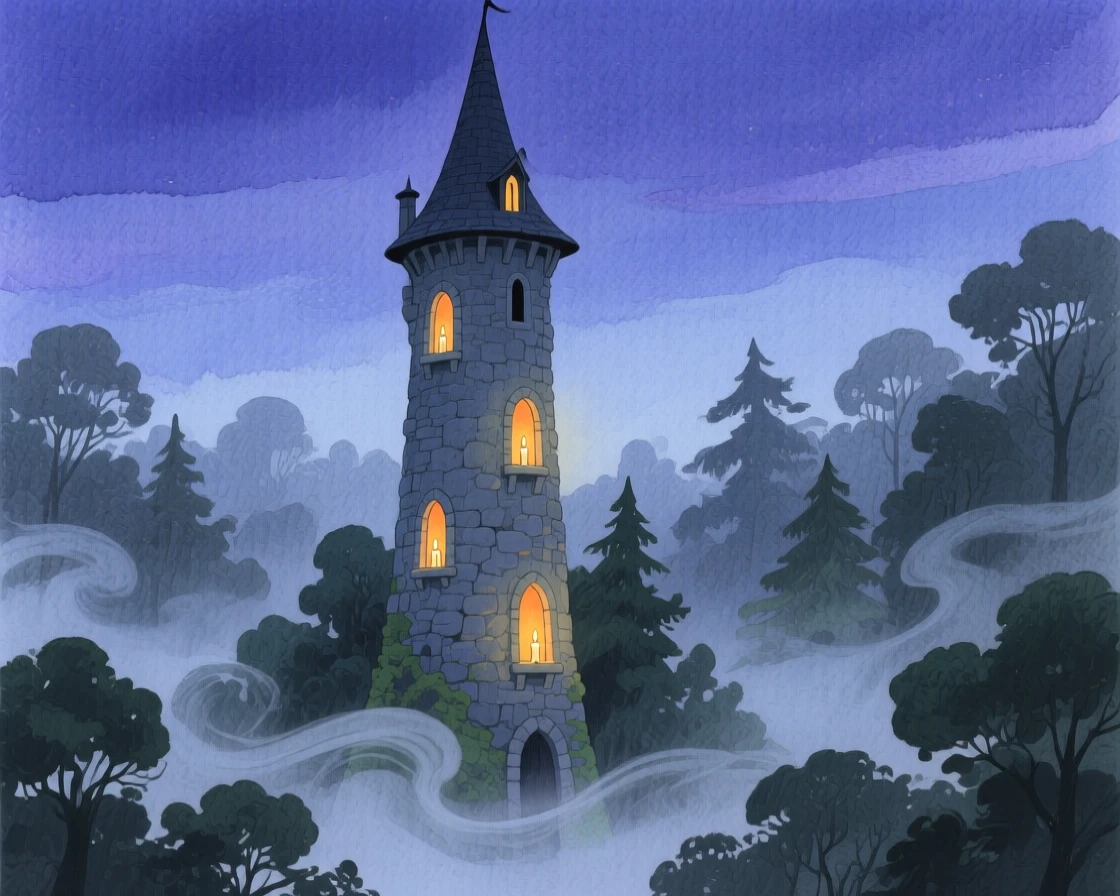 A wizard's tower rises from a misty forest, its windows glowing with warm candlelight against the night sky