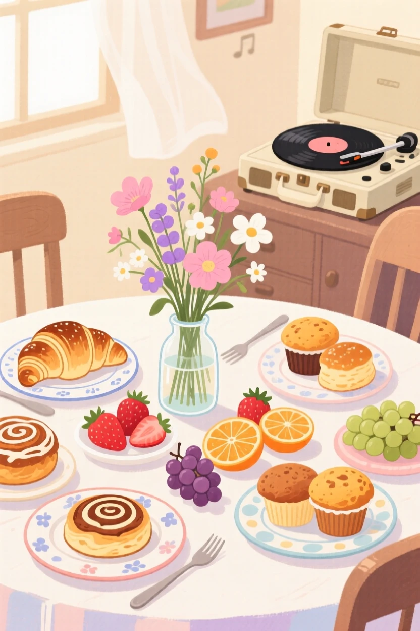 A breakfast table set with fresh pastries, fruit, and a small vase of wildflowers, with the quiet hum of a record player in the background, capturing the quiet beauty of everyday rituals.