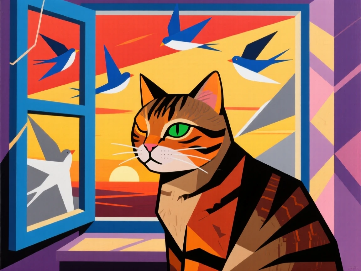 A charming portrait of a sleepy tabby cat watching birds intently from an open window, in the warm evening light.