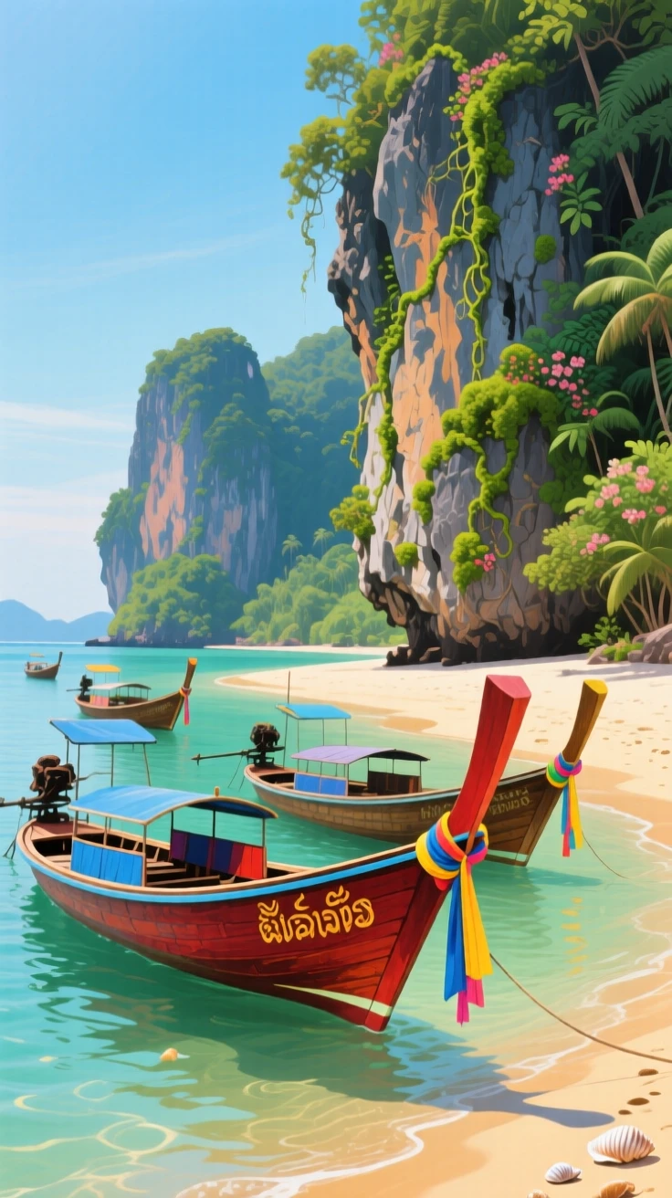 A vibrant scene at a beach in Thailand shows longtail boats anchored in Railay Bay beneath towering limestone cliffs draped in jungle vines, everything rendered with quiet clarity under the steady, natural light of the hour.