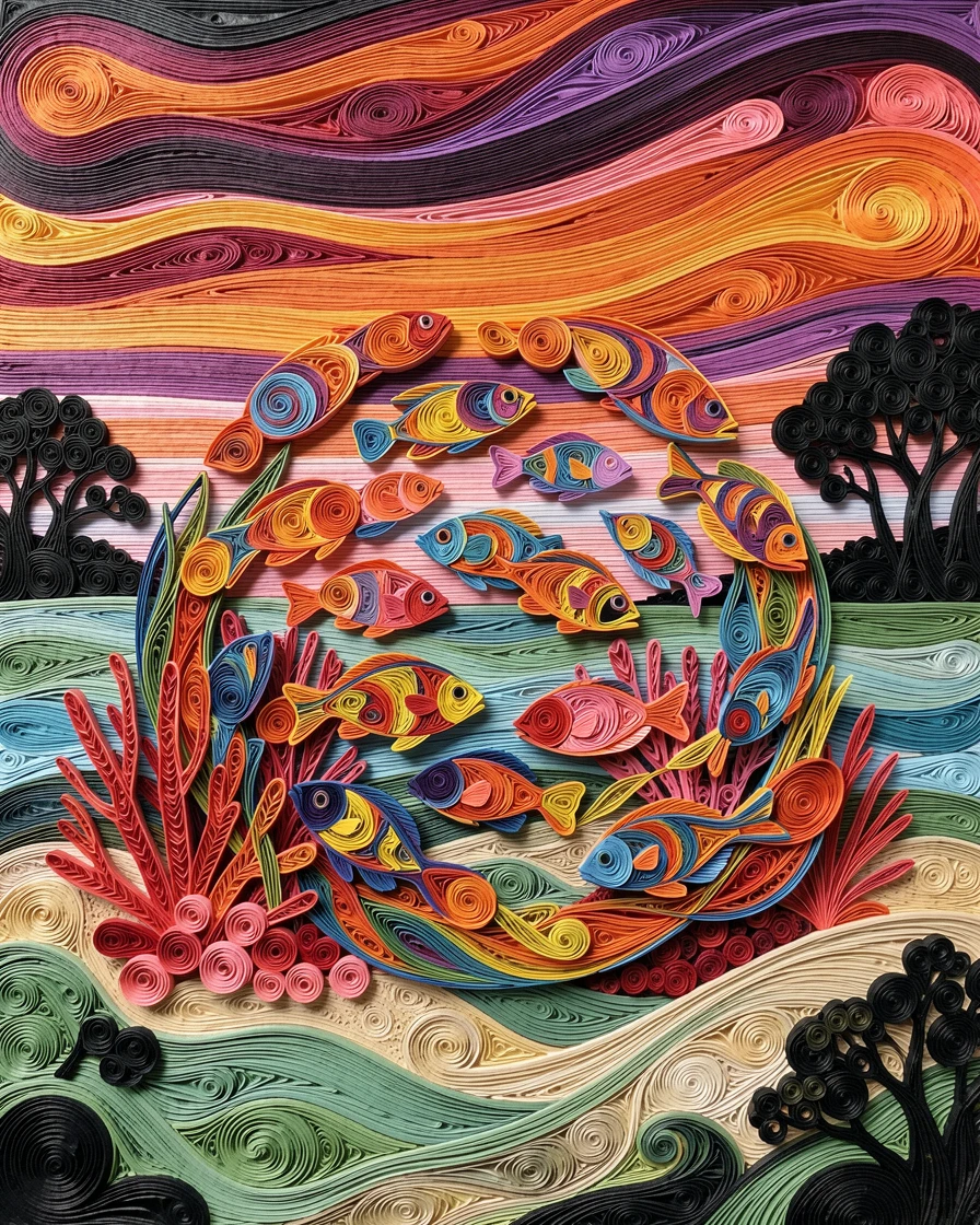 A striking wildlife scene of a school of tropical fish swirling around coral across an open, sweeping natural landscape, beneath a sky streaked with vivid color, framed in a dramatic silhouette against the sky.