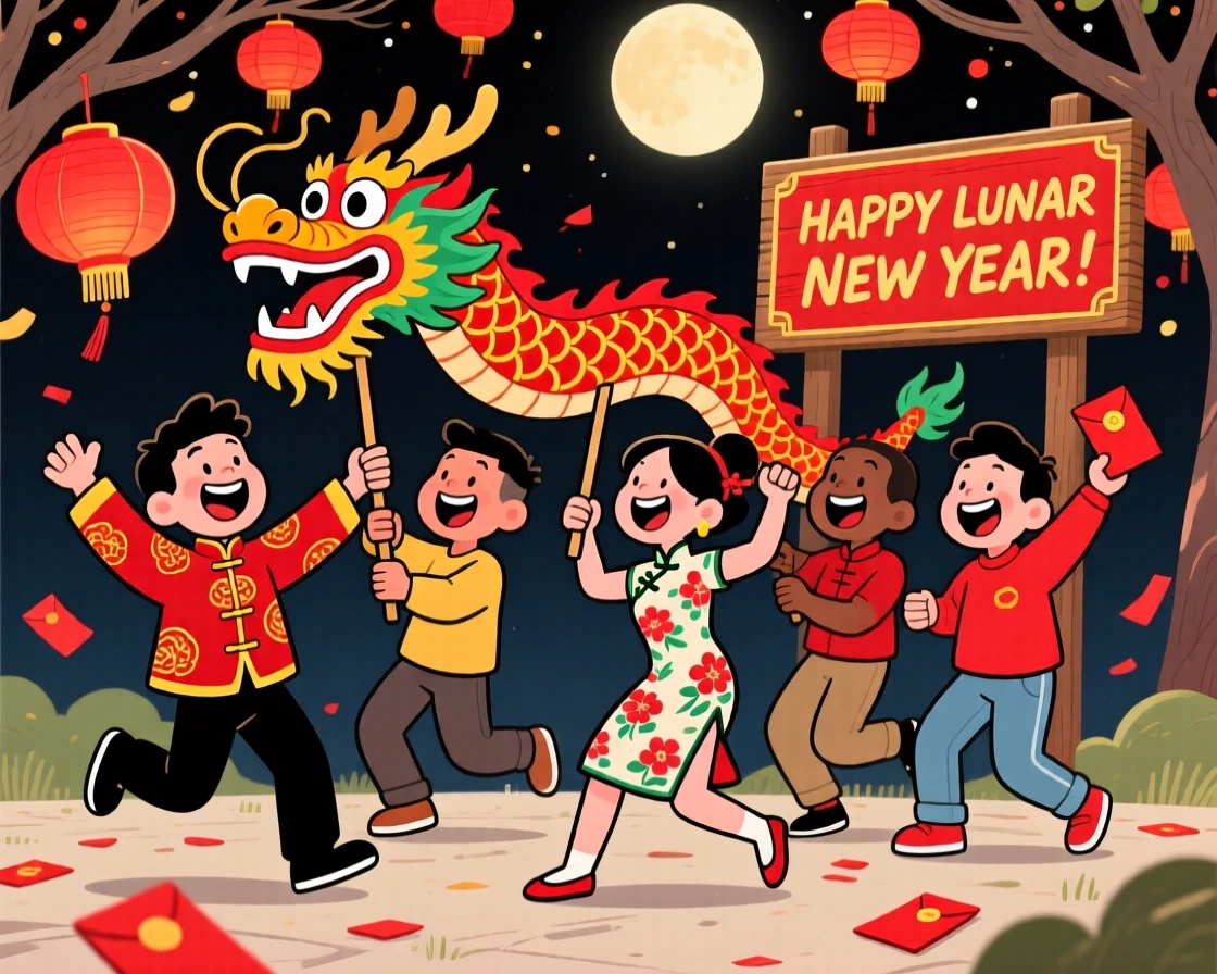 A festive celebration scene of a group of friends celebrating Lunar New Year with red lanterns and a dancing dragon costume.