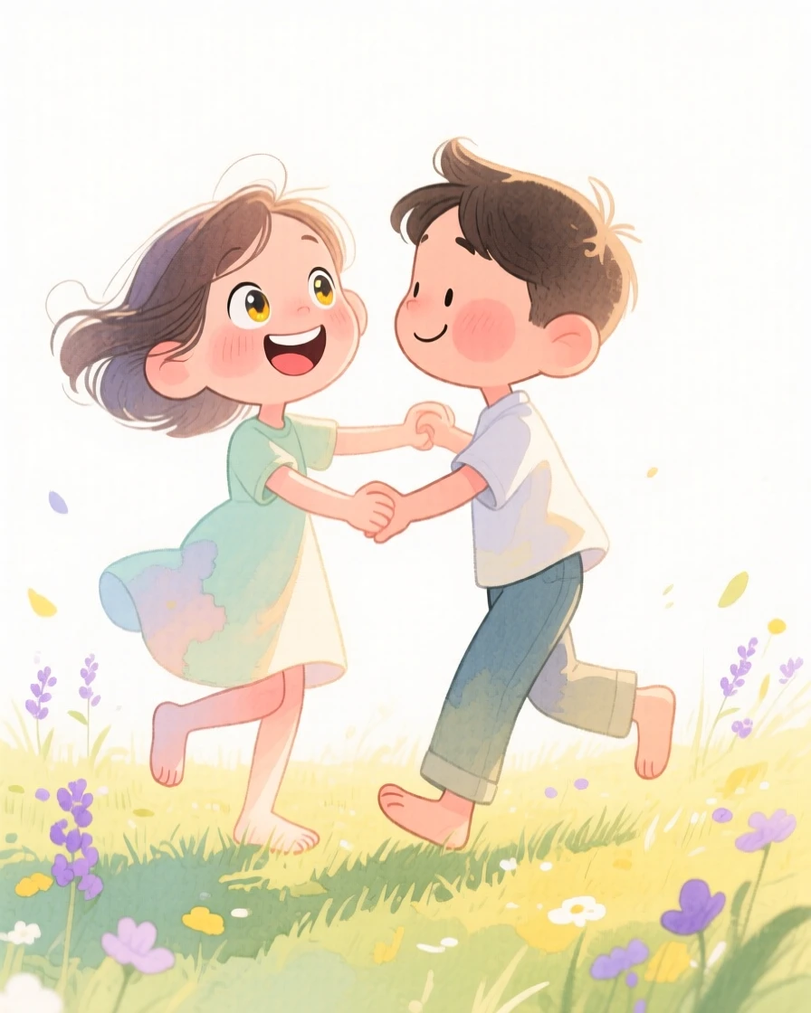 Two best friends turned sweethearts dancing barefoot in a sunlit meadow