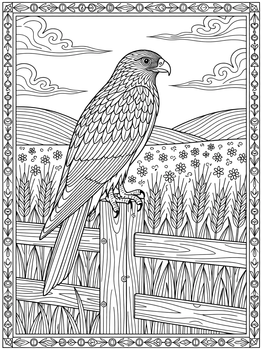 A hawk perched on a fence post overlooking golden wheat fields.