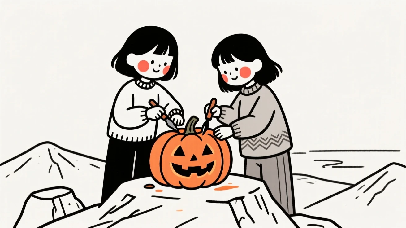 Twin sisters carving a pumpkin for Halloween, on a mountaintop overlook.
