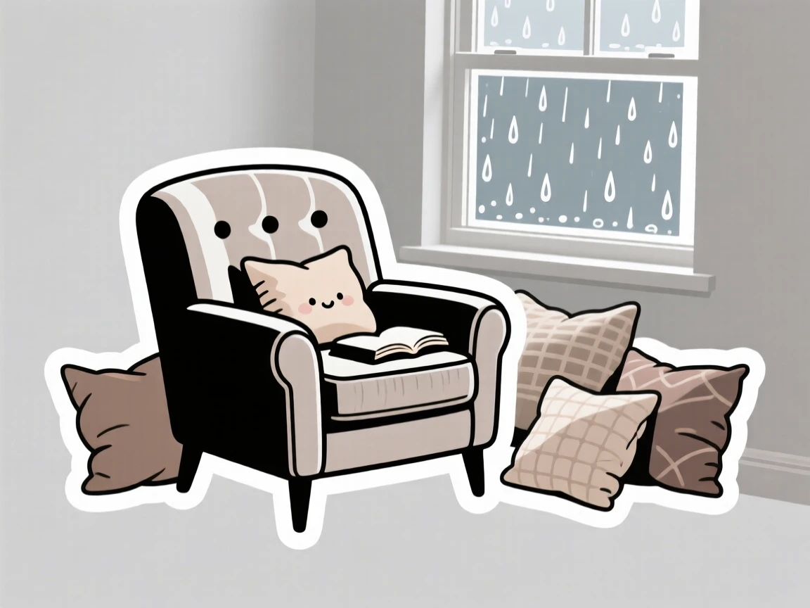 A sweetly detailed cozy reading nook chair, nestled among soft throw pillows, on a quiet rainy afternoon.