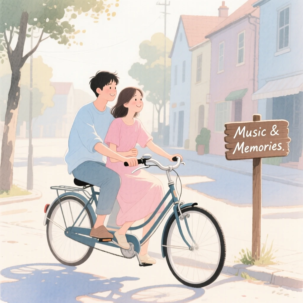 A tender moment of a shared bicycle ride through town, as soft music plays in the background, capturing quiet affection between two people
