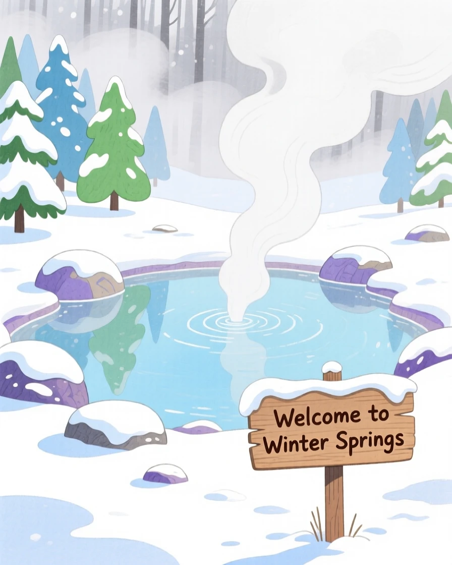 A panoramic scene of a hot spring steaming in a snowy landscape under a soft blanket of fog.