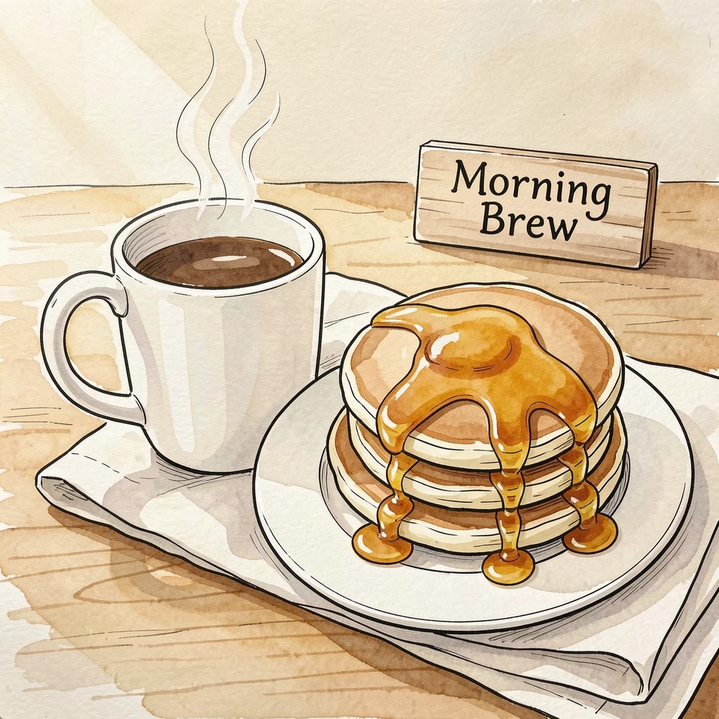 A steaming cup of coffee beside a stack of fresh pancakes drizzled with syrup on a sunlit breakfast table