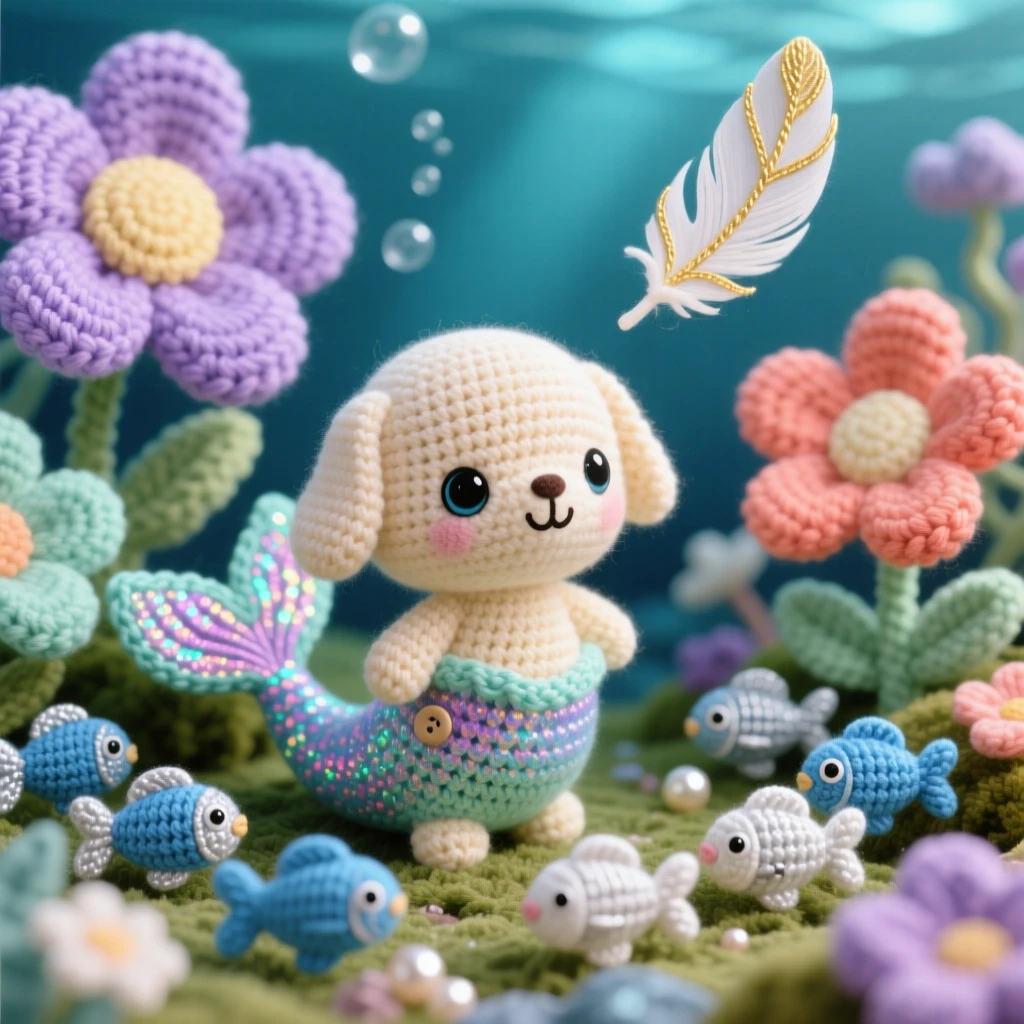 In an enchanted garden blooming with oversized flowers, a tiny sea siren pup with a shimmering tail fin is captured singing softly to a school of tiny fish, surrounded by a single floating feather catching the light, filled with a sense of gentle magic and quiet wonder.
