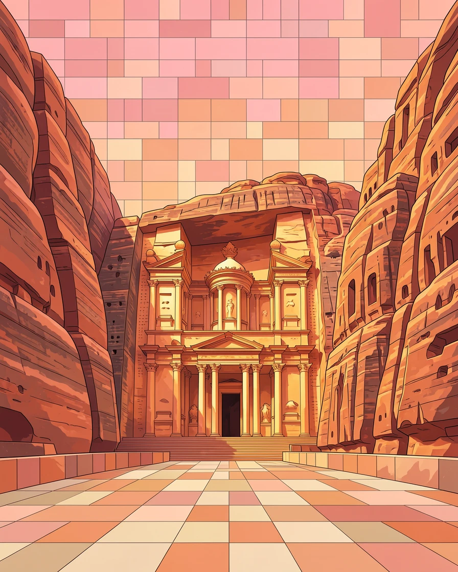 A breathtaking wide-angle view of the lost city of Petra carved into rose-colored sandstone cliffs, with rich warm lighting and fine architectural detail.