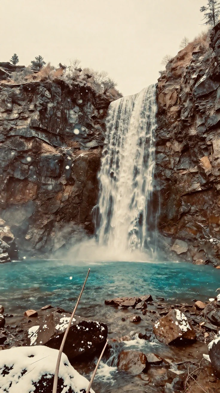 A waterfall feeding a turquoise pool deep in a river canyon, under a pale winter sky, amid gently falling snow, in the depths of winter, in warm honey and cream tones, from a three-quarter angle.
