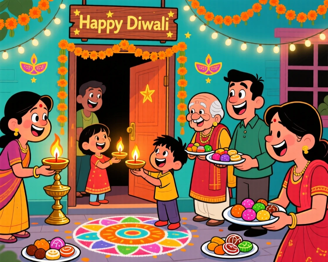 A festive celebration scene of a joyful Diwali scene with families lighting oil lamps and sharing sweets around a decorated doorway.