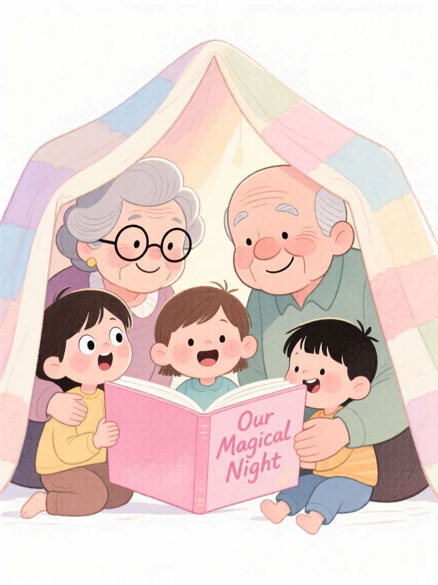 Grandparents with their grandchildren reading a bedtime story under a blanket fort