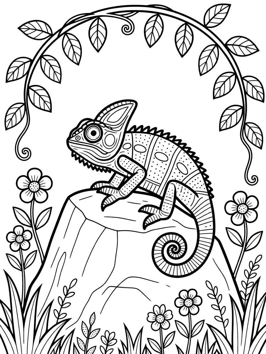 A horned chameleon basking on a sun-warmed rock, framed by hanging vines and wildflowers.
