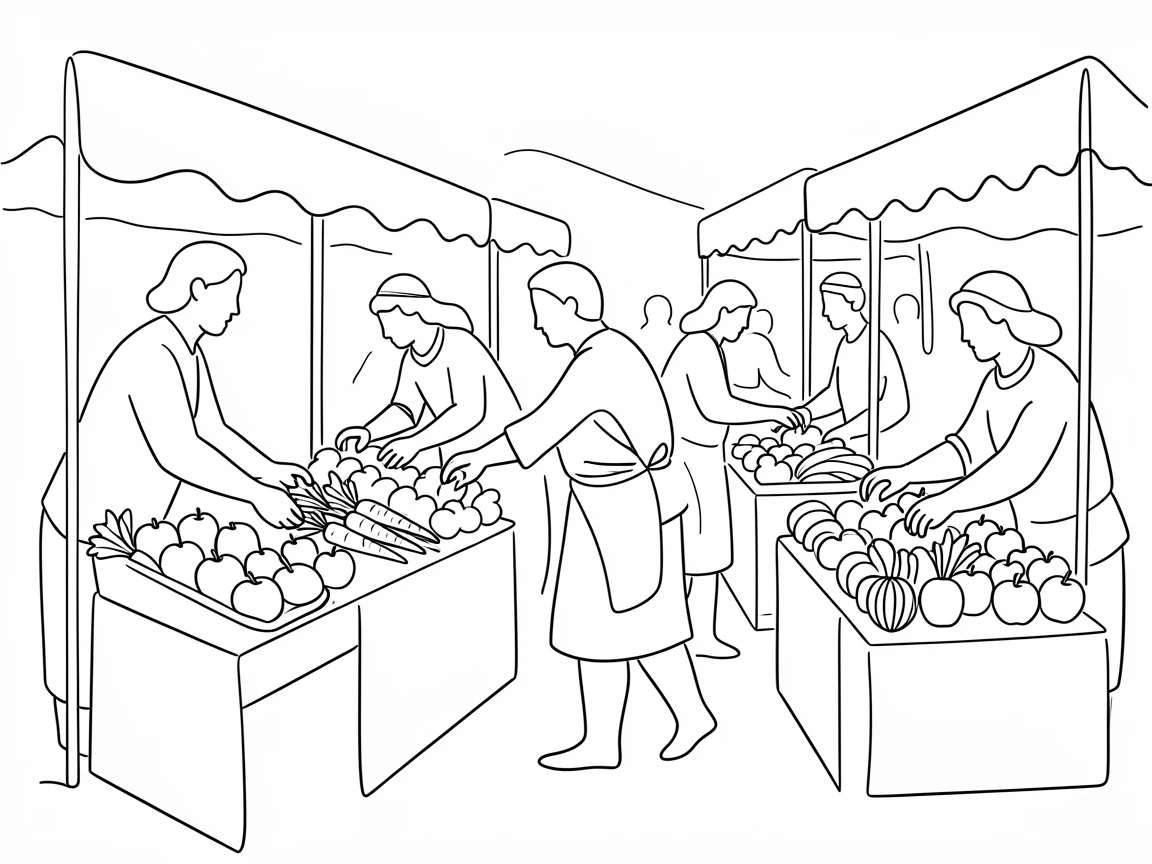 A crowded outdoor food market with vendors arranging fresh produce stalls