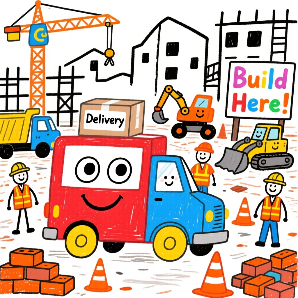 A friendly delivery van working at a busy construction site.