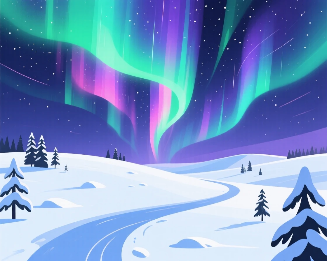 A dramatic aurora borealis dancing over a snowy landscape, beneath a wide open sky streaked with color, captured with a gentle curve guiding the eye through the scene, with a fresh, crisp clarity that highlights every detail.