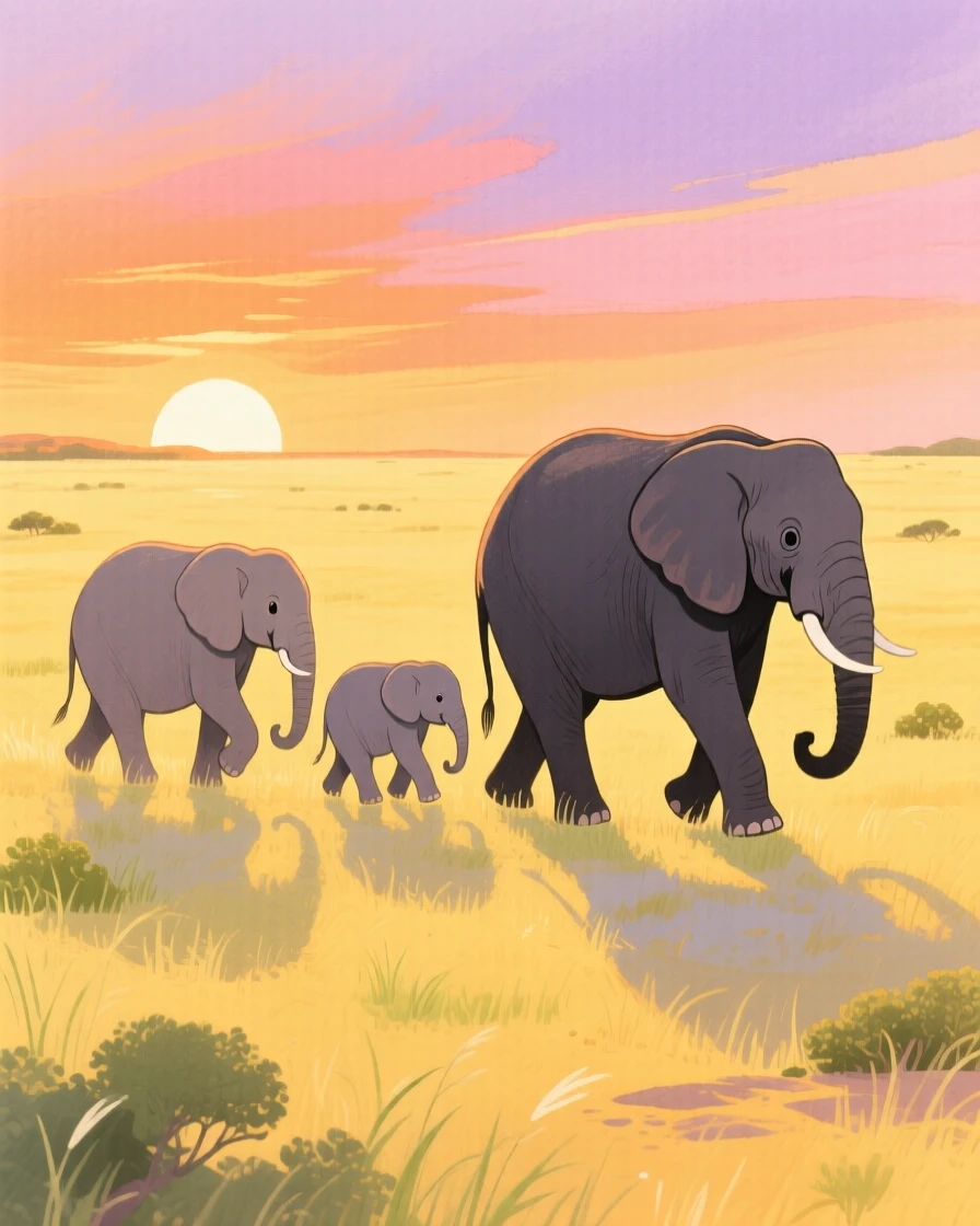 A family of elephants crossing a golden savanna at sunset, captured in a moment of quiet wonder.
