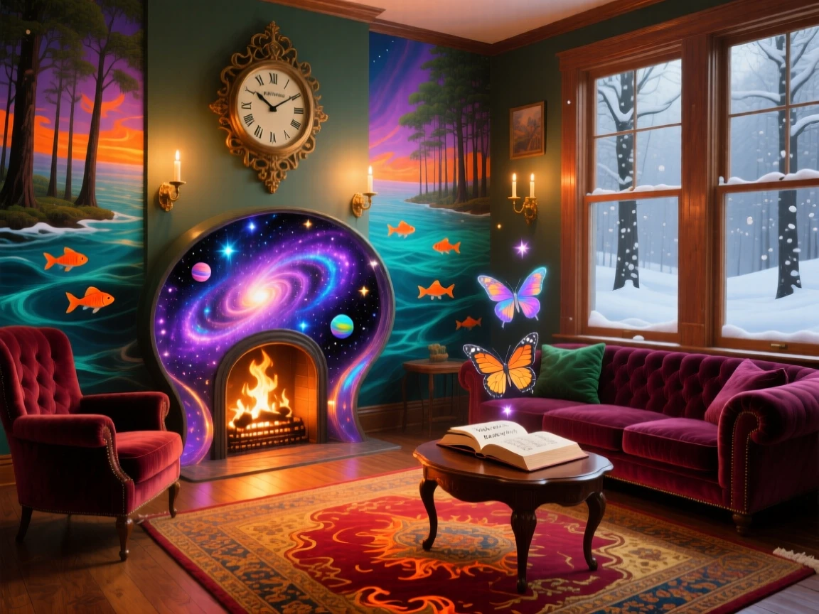 A snug living room where the fireplace holds a tiny captured galaxy feels warm, familiar, and just slightly impossible, as soft snow drifts silently past warmly lit windows.