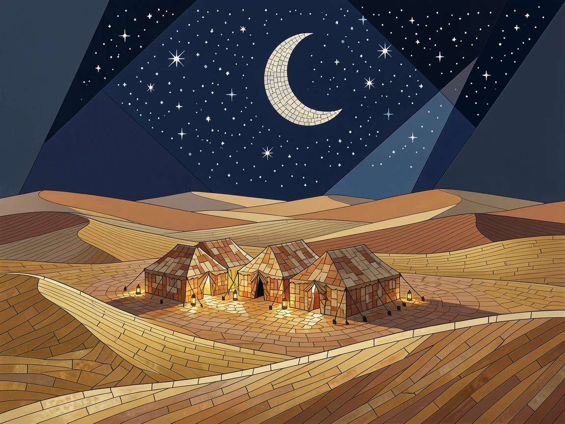 A starlit desert camp beneath the dunes of the sahara, viewed from a dramatic elevated vantage point.