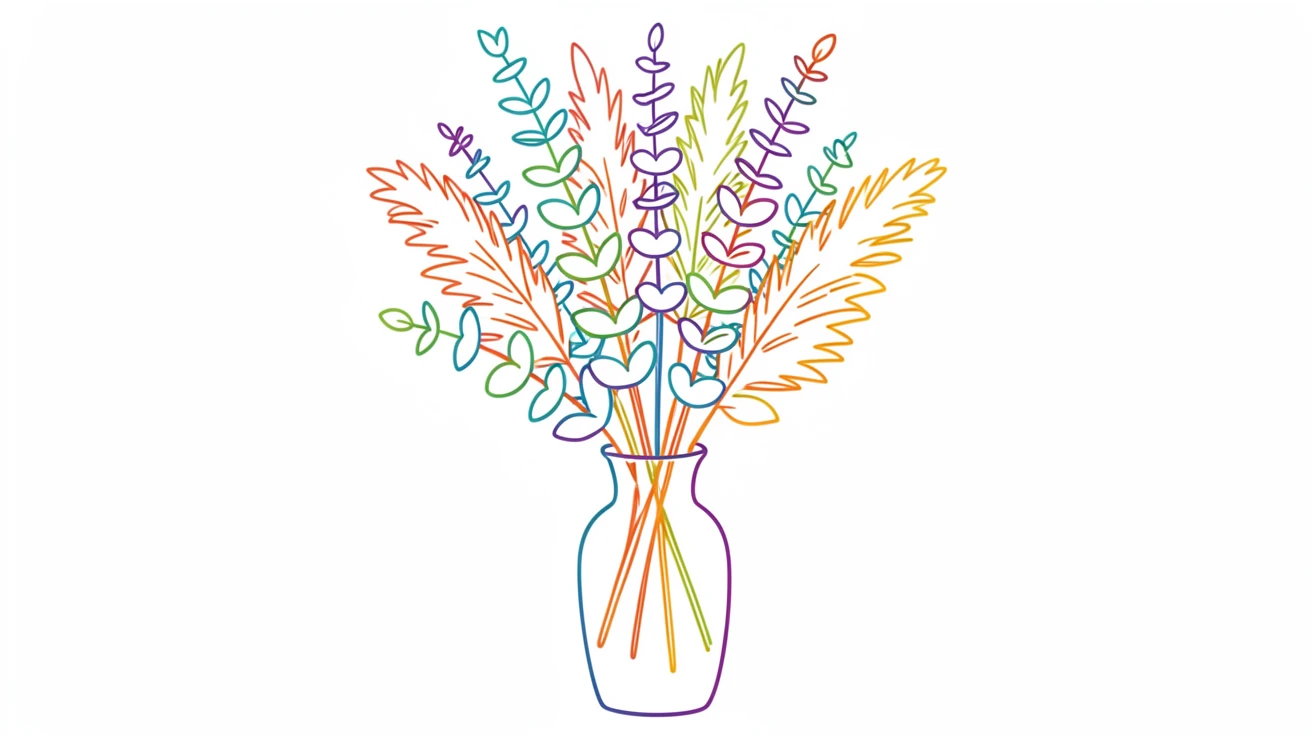A bundle of eucalyptus and pampas grass in a tall floor vase.