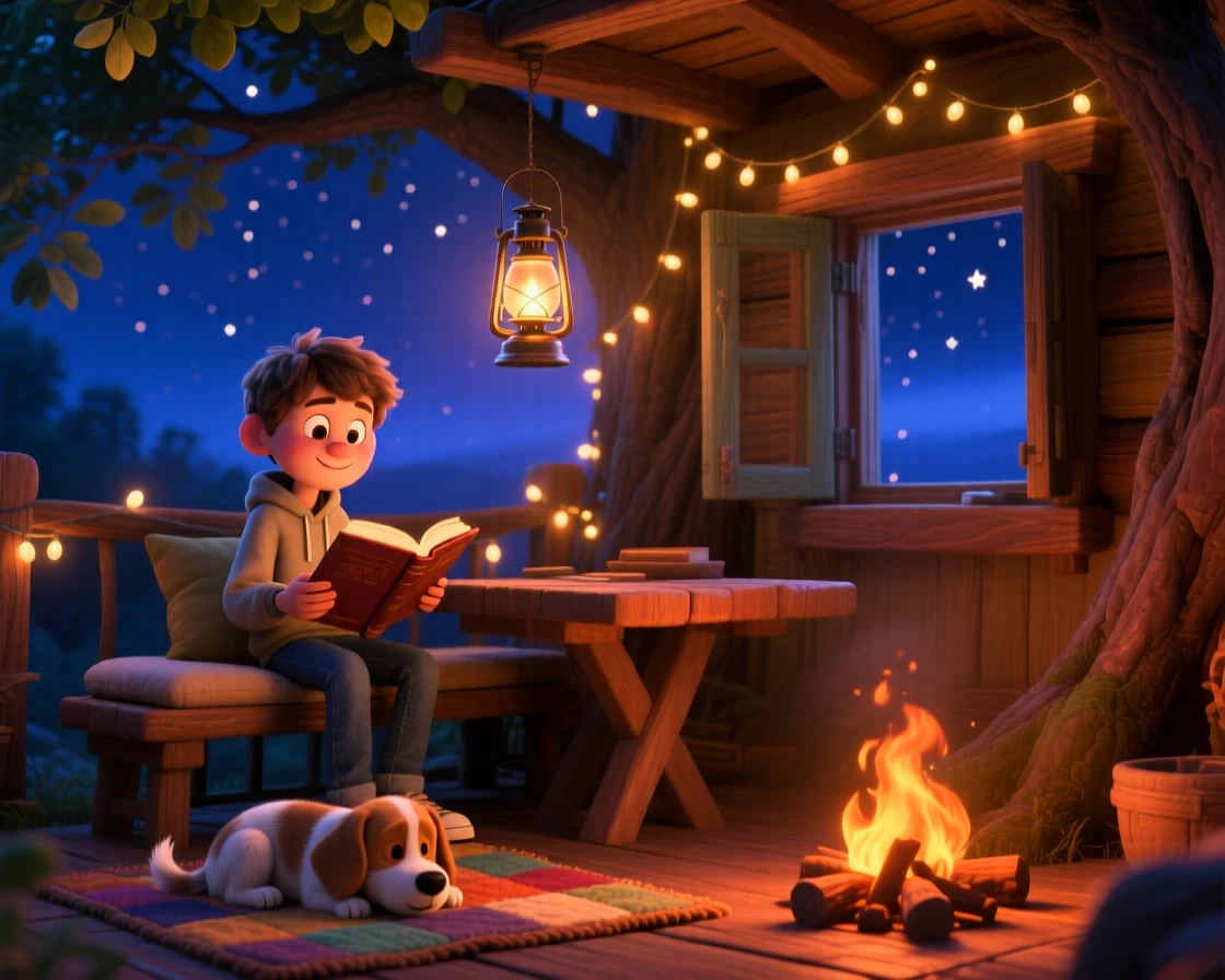 A teenage boy reading by lamplight sits inside a treehouse strung with twinkling lights, listening to the crackle of the fire. A gentle nostalgia and calm settle over the scene, with a small dog dozing nearby.