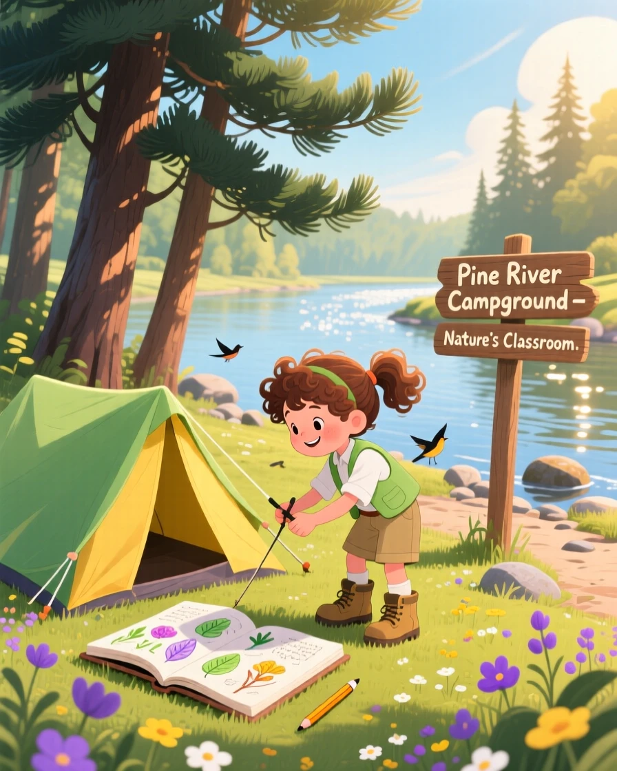 In a sunlit riverbank, a young botanist with a sketchbook is pitching a tent beneath tall pine trees, with the scent of pine drifting on the wind.