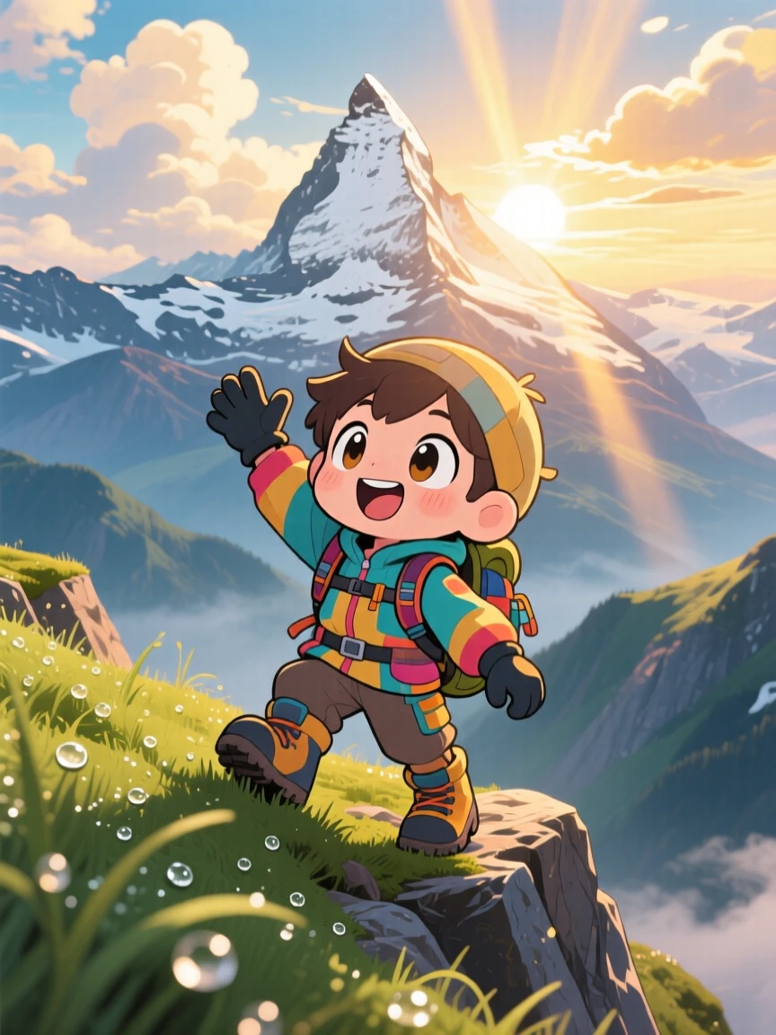 In a dramatic mountain ridge, a young mountaineer is reaching triumphantly for a snowy peak summit as morning dew glistens on the grass, bathed in rays of sunrise breaking through clouds, expression full of eager anticipation. Shot as a medium shot.