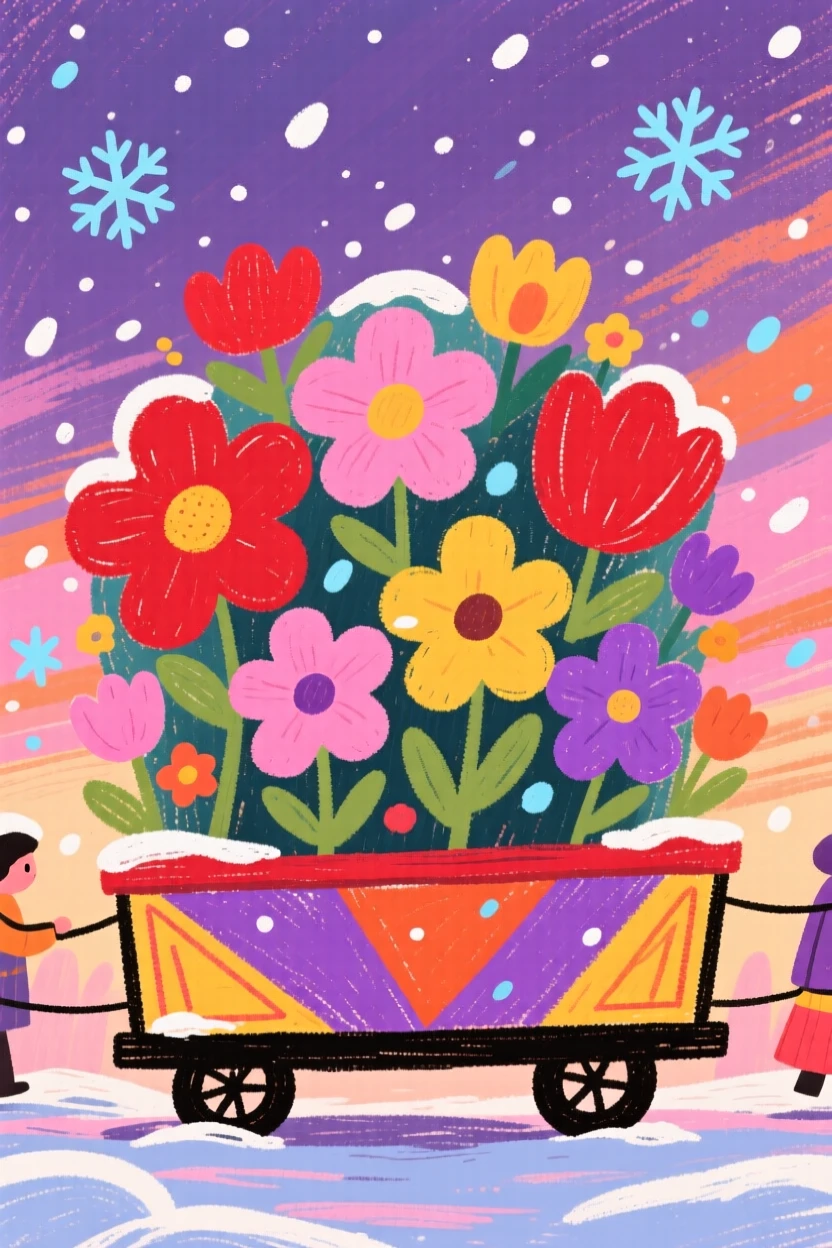 A parade float covered in flowers surrounded by falling snow at dusk.