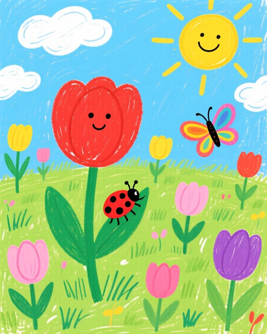 A spring meadow bursting with fresh green grass and blooming tulips.