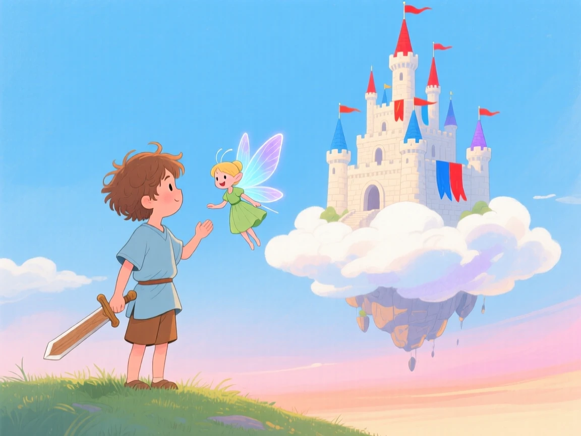 A young boy with a wooden sword discovering a floating castle in the clouds for the first time, greeted by a tiny fairy with glowing wings.
