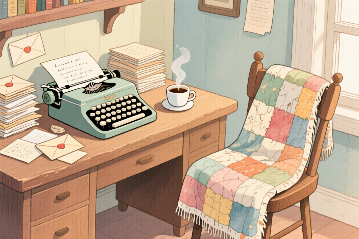 A quiet study with a typewriter, a cup of coffee, and stacks of handwritten letters, with a worn quilt draped over the nearest chair, filled with quiet gratitude for life's small pleasures.