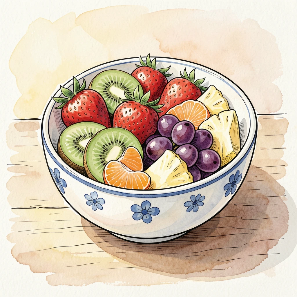 A bowl of vibrant fresh fruit salad arranged on a rustic table with morning light streaming across it