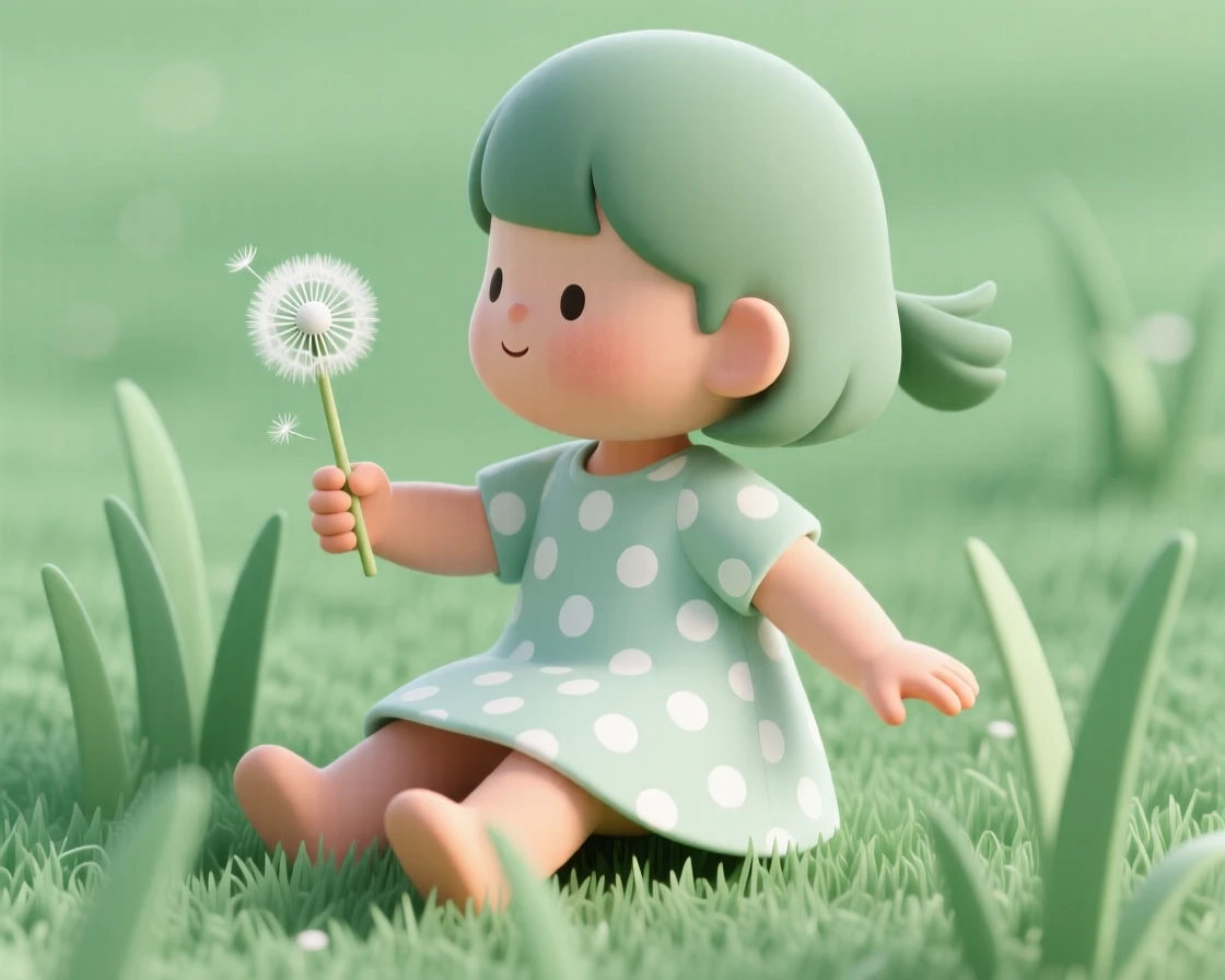 A toddler girl in a polka dot dress twirls a dandelion between her fingers while sitting in soft green grass.