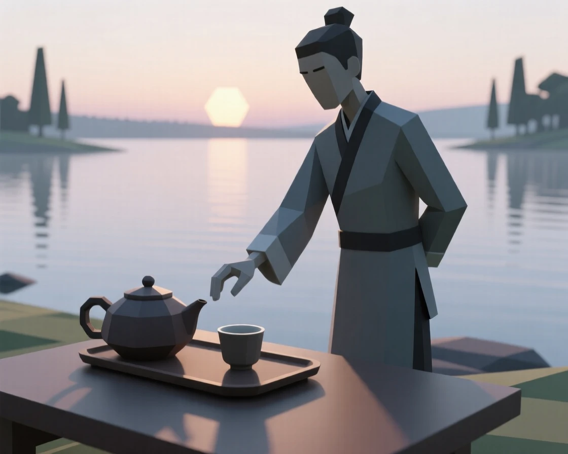 A tea ceremony host preparing a traditional tea set, beside a tranquil lake at dawn. a shallow depth of field keeps the action sharply in focus. The moment radiates confidence and joy.