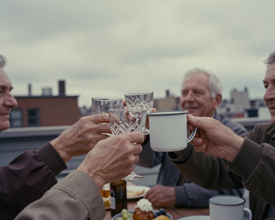 Old friends toasting with mismatched glasses at a rooftop gathering, in soft window light, under scattered clouds, in the depths of winter, in soft muted pastels, in a tight close-up.