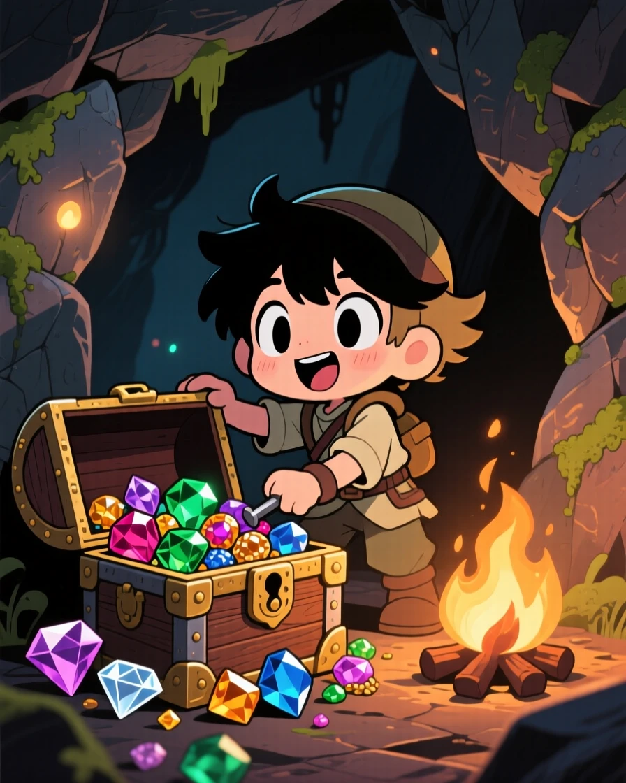 Silhouette composition of a treasure hunter, prying open an old chest overflowing with gems, in a hidden cave, during a light summer breeze, illuminated by cozy firelight, radiating eager anticipation.