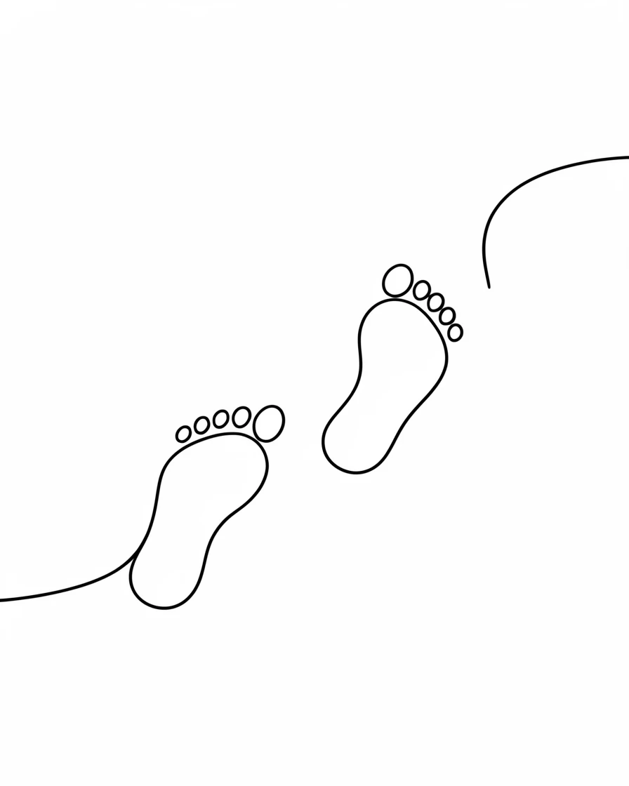 A pair of footprints trailing across untouched sand, representing a journey