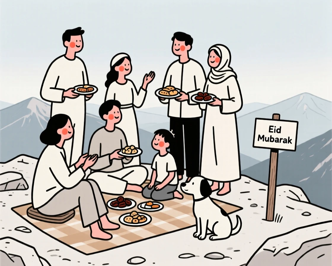 Close friends of French heritage celebrating Eid with family, on a mountaintop overlook.