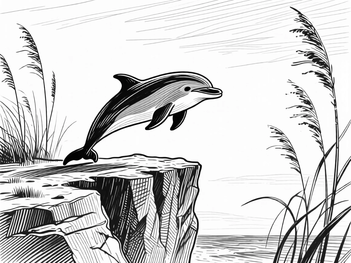 A playful dolphin on a windswept cliff, framed by tall reeds, capturing a wild and free moment in nature with a strong, centered focal point.