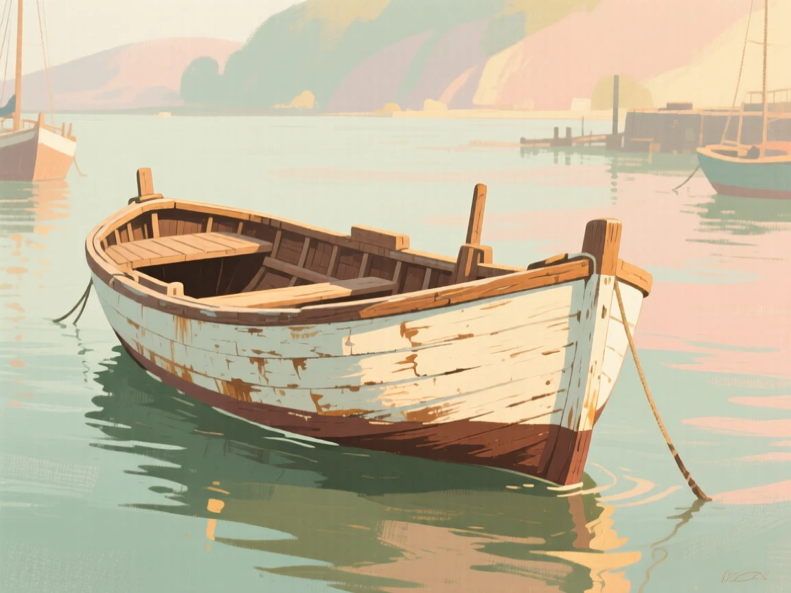 An old wooden fishing boat bobbing gently in a quiet harbor