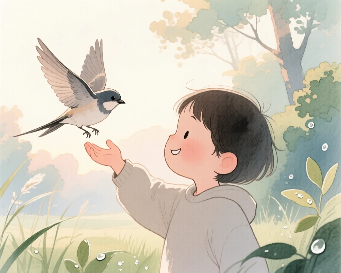 A child releasing a rehabilitated bird back into the wild with a gentle smile, amid the quiet hush of an early morning, radiating kindness, hope, and heartfelt emotion.