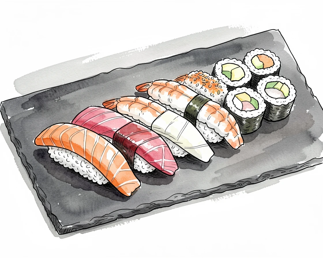A sushi platter arranged with meticulous precision, colorful pieces fanned out on a dark slate board