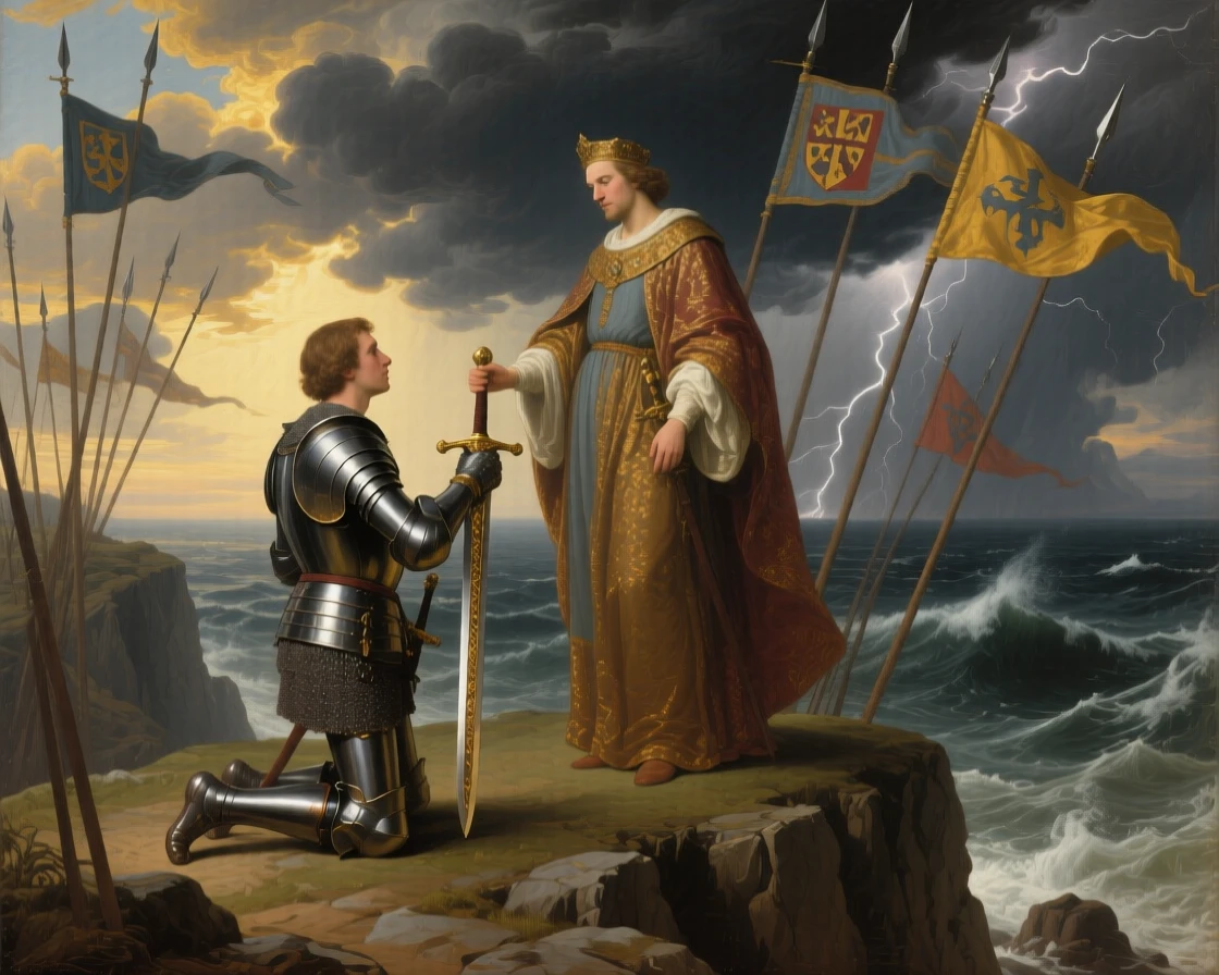 A medieval knight kneeling to receive his sword from a monarch as thunder rolls across a darkening sky, set atop a cliff overlooking a stormy sea, as sunlight gilds the edges of drifting storm clouds; diagonal lines of spears and banners lead the eye to the central figure, capturing the timeless clash of glory and mortality.