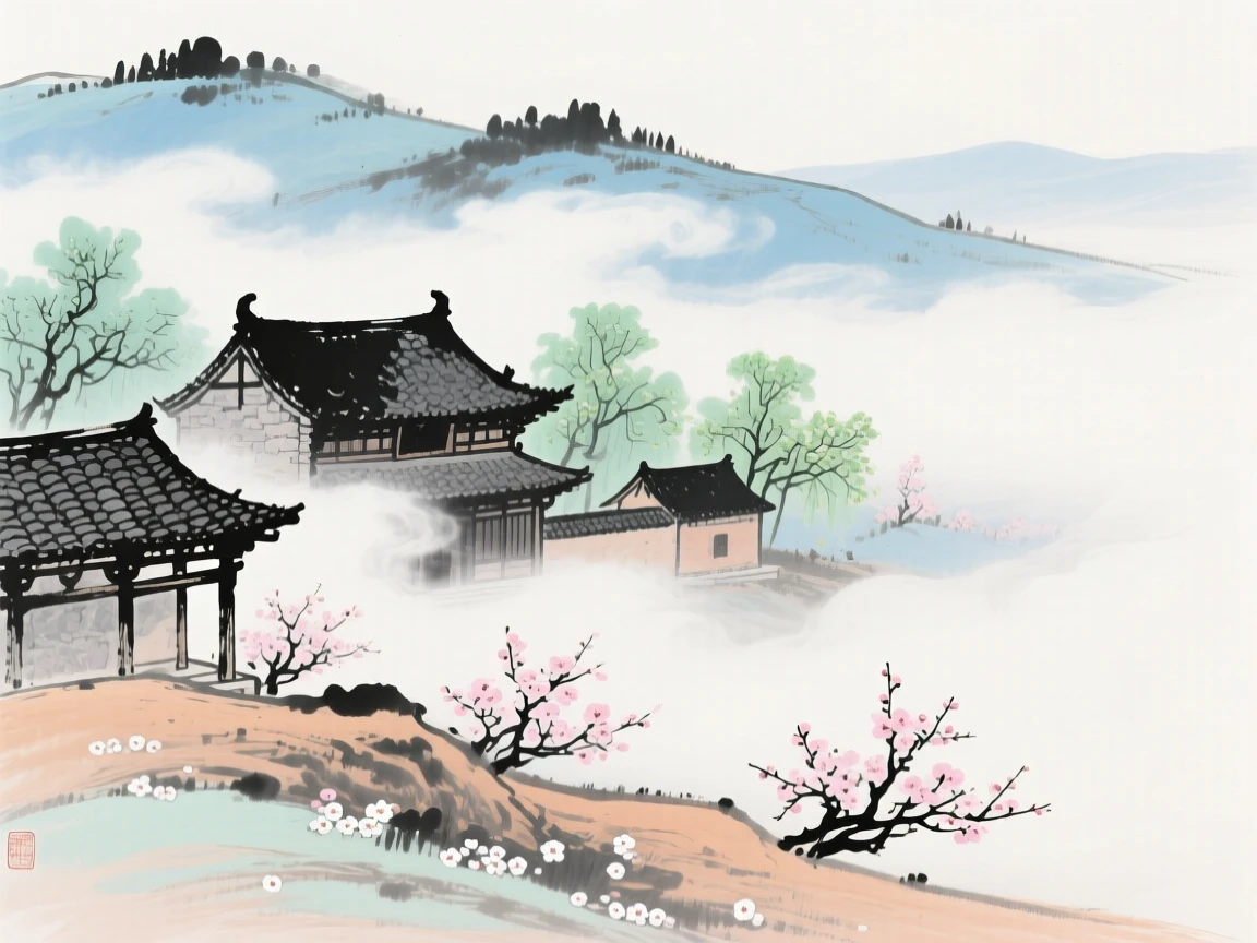 A hillside monastery wrapped in drifting cloud, radiating gentle serenity, as spring blossoms unfold.