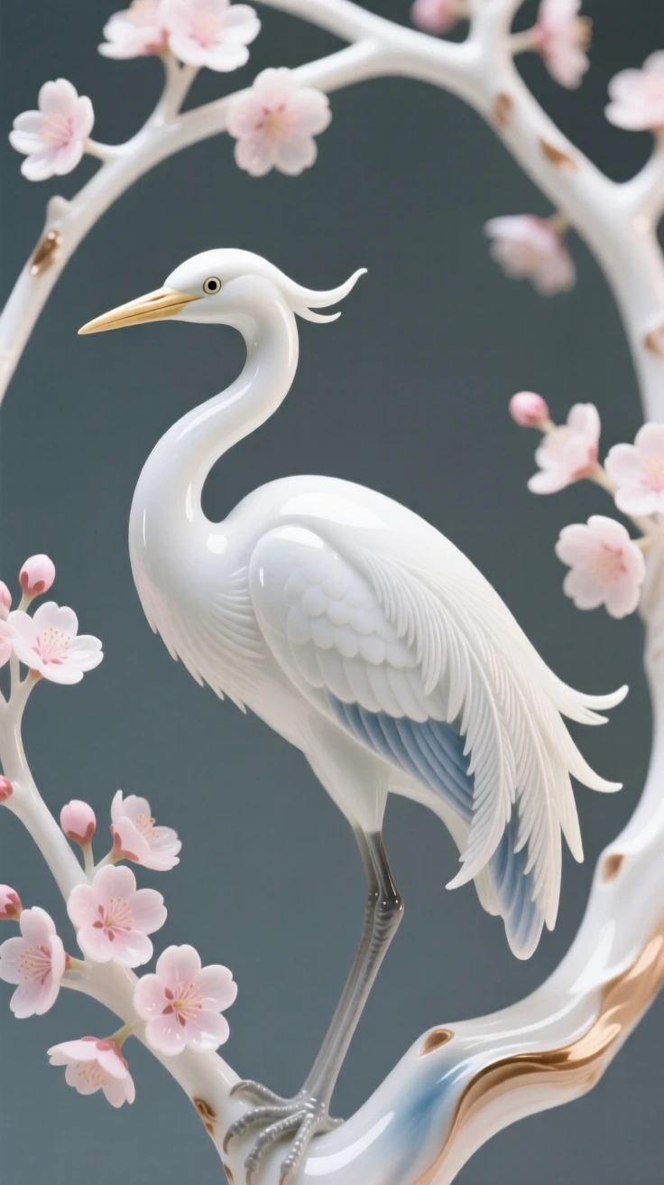 A brilliant heron in a flowering cherry tree, its tail feathers fanned in full display.